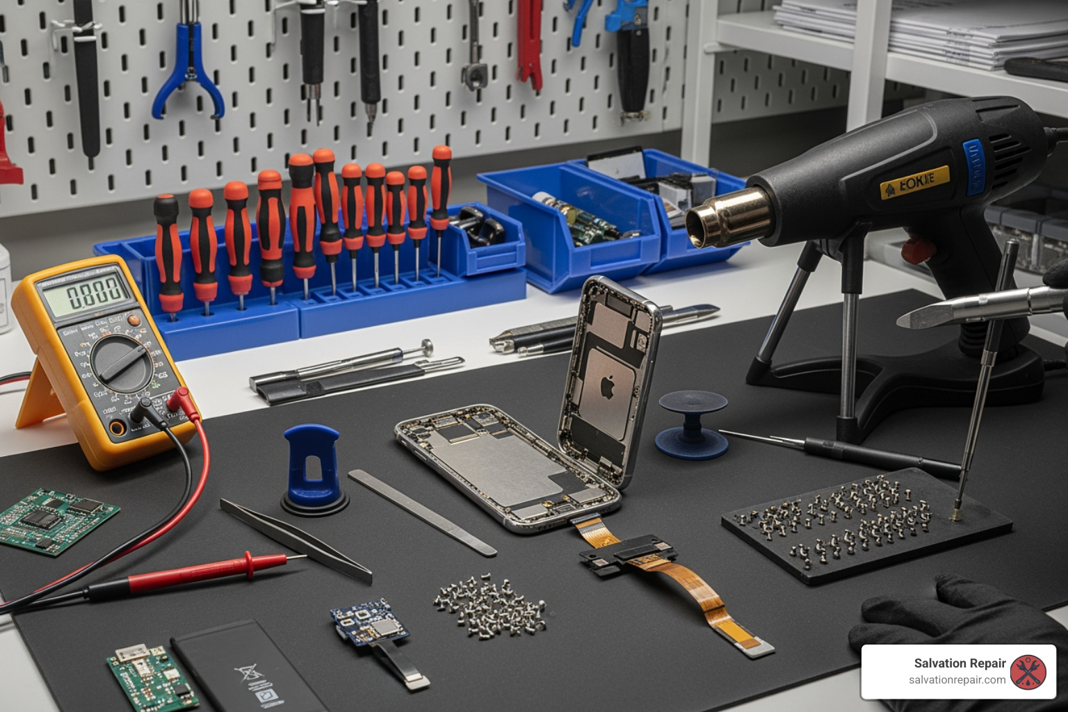 technician's workbench with tools and an open iPhone - mobile iphone repairs near me