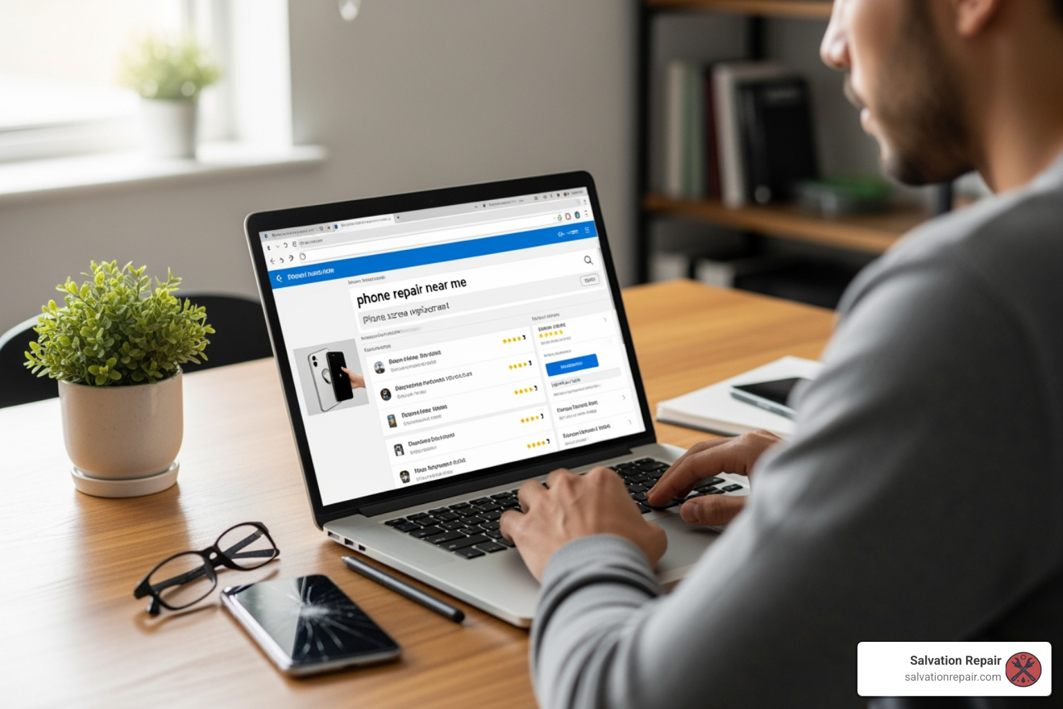 person searching on their laptop for phone repair - mobile iphone repairs near me