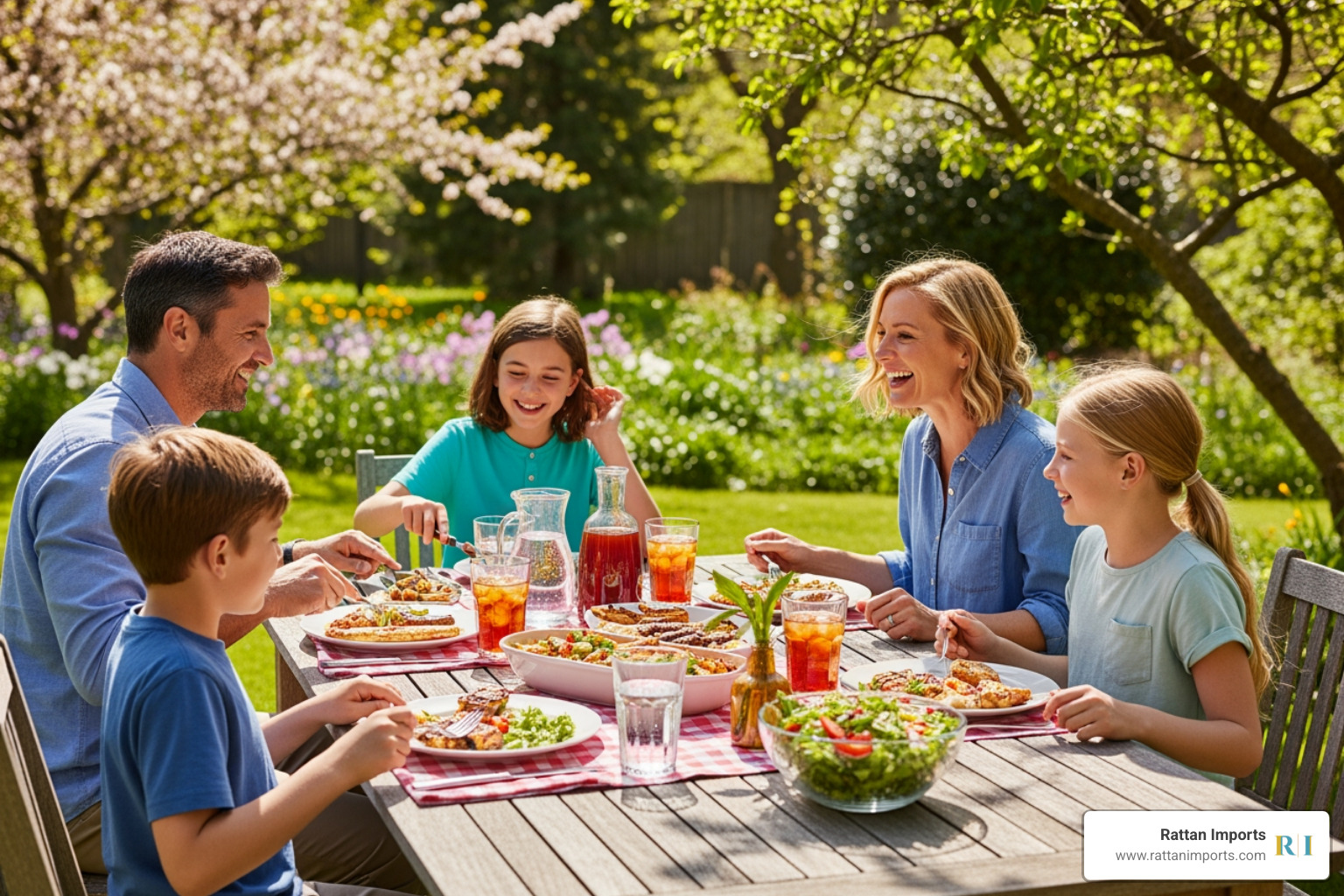 A family enjoying a meal at a Forever Patio dining set on a sunny day - Forever Patio Furniture A family enjoying a meal at a Forever Patio dining set on a sunny day - Forever Patio Furniture