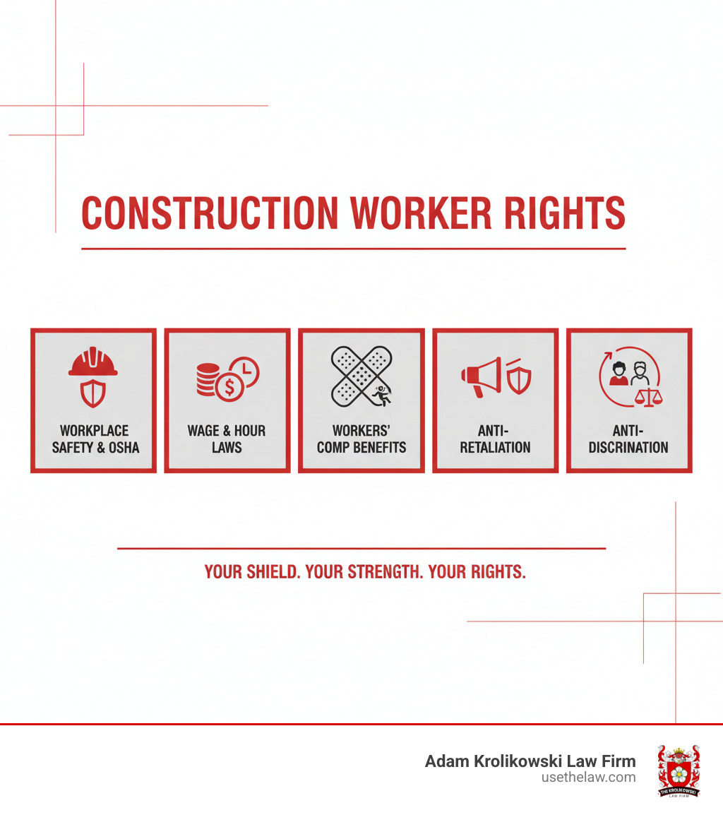 infographic showing construction worker rights categories: workplace safety and OSHA protections, wage and hour laws including minimum wage and overtime, workers compensation benefits for injuries, anti-retaliation protections for reporting violations, and anti-discrimination protections - construction worker rights infographic 