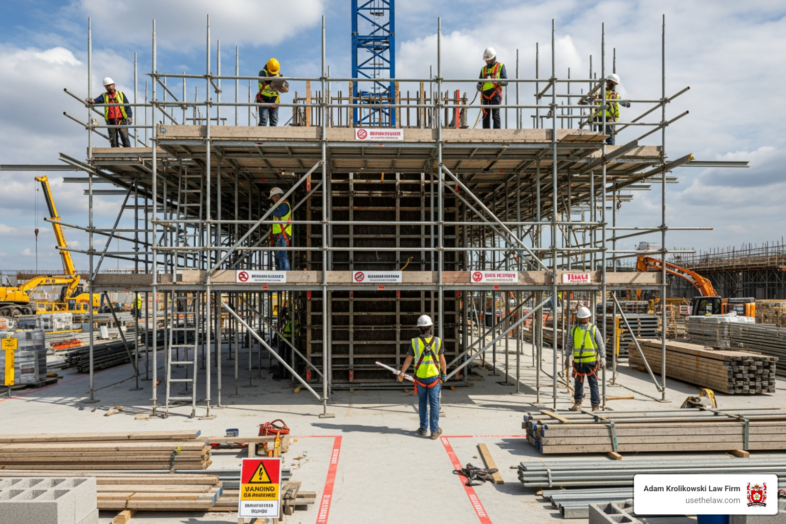 properly set up and safe construction work area, such as scaffolding with full guardrails - construction worker rights