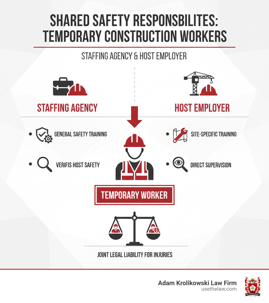 infographic illustrating the shared safety responsibilities of a staffing agency and a host employer for a temporary worker - construction worker rights infographic 