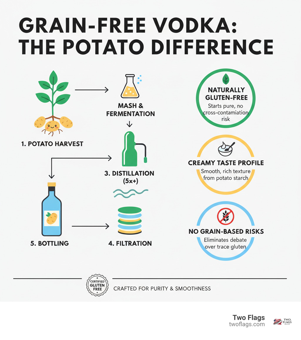 Infographic showing the production process of grain-free vodka from potato harvest through distillation and filtration, highlighting key differences from grain-based vodka including natural gluten-free status, creamy taste profile from potato starch, and elimination of cross-contamination risk during production - best grain free vodka infographic Infographic showing the production process of grain-free vodka from potato harvest through distillation and filtration, highlighting key differences from grain-based vodka including natural gluten-free status, creamy taste profile from potato starch, and elimination of cross-contamination risk during production - best grain free vodka infographic