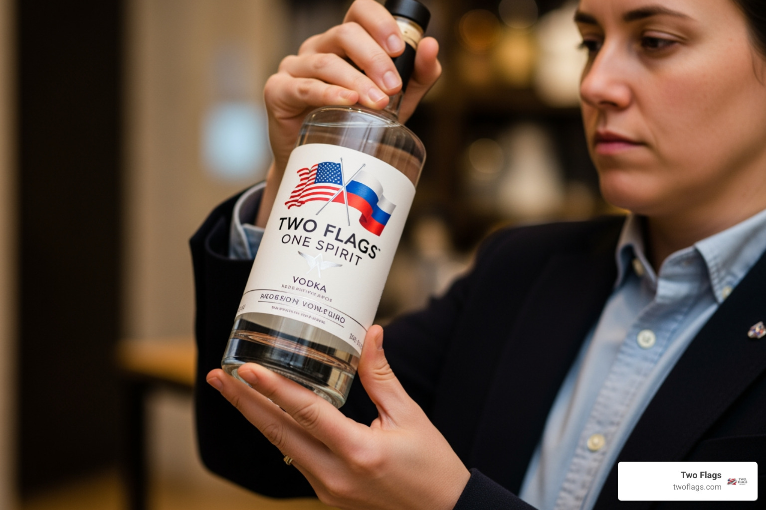 person examining a bottle of Two Flags One Spirit vodka - best grain free vodka person examining a bottle of Two Flags One Spirit vodka - best grain free vodka