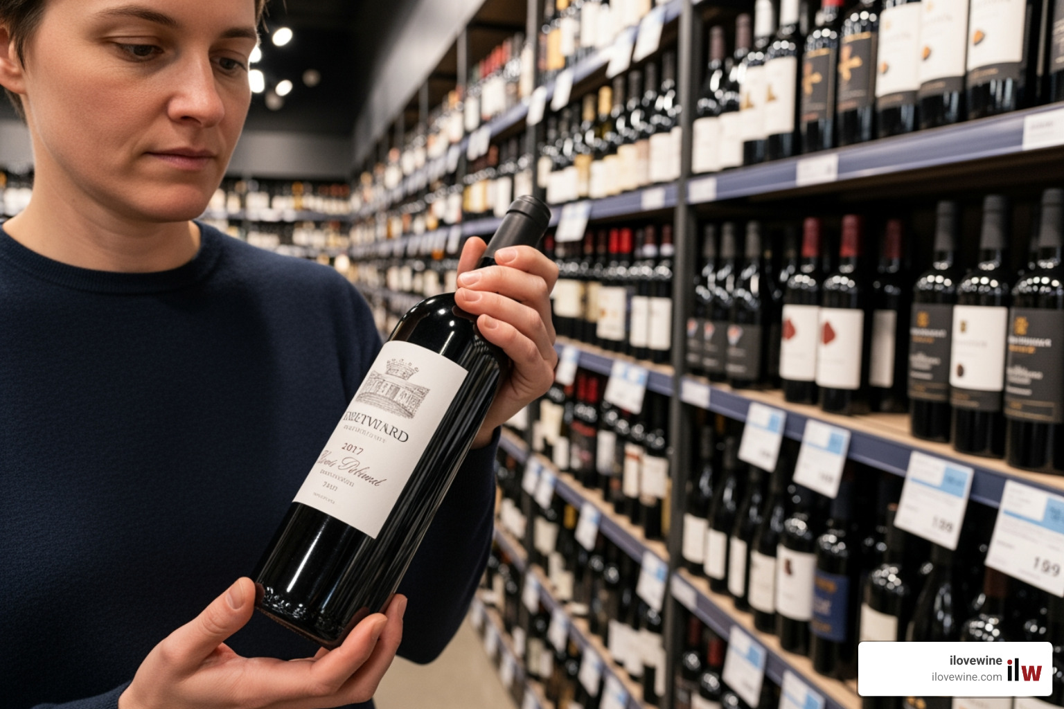 a person looking at a wine bottle label in a store - best wine at walgreens