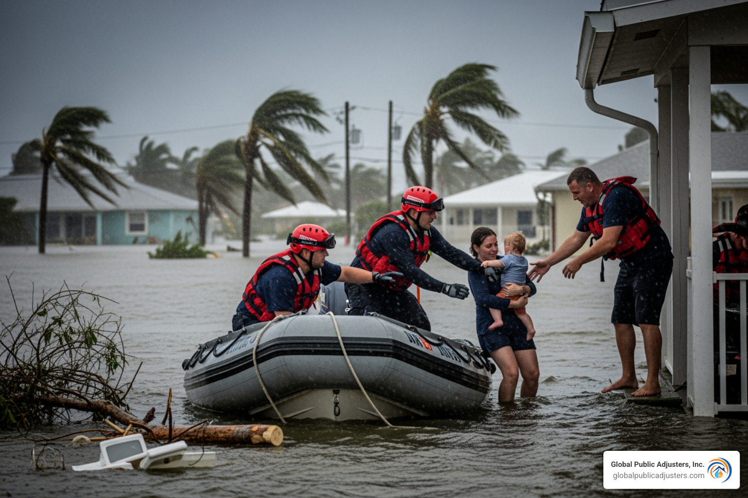 first responders conducting a water rescue - hurricane damage Florida