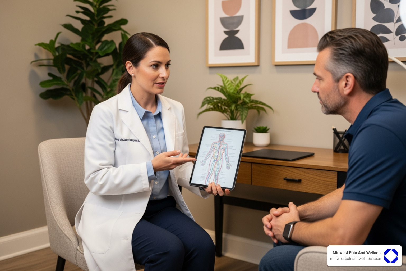 licensed acupuncturist consulting with a patient - acupuncture pain relief