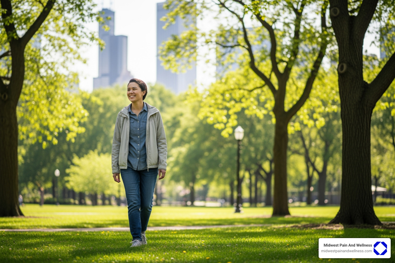 A person enjoying a walk in a Chicago park, smiling and looking relaxed. - epidural injections Chicago