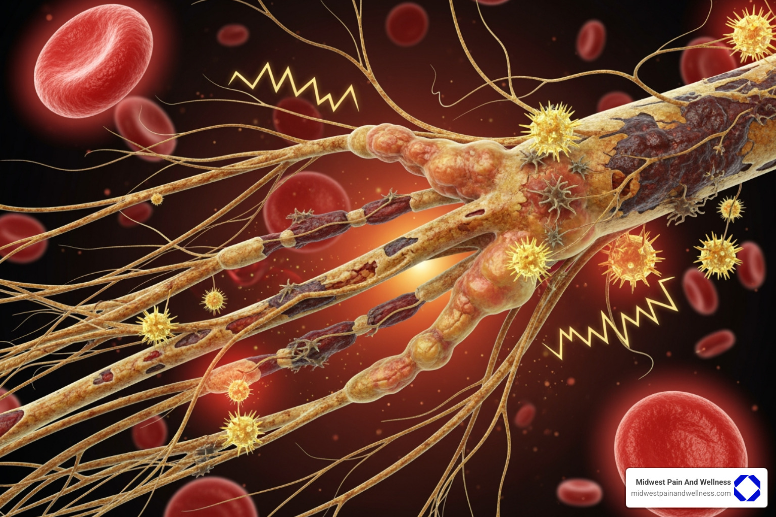 Illustration showing how high blood sugar damages nerve fibers over time, leading to nerve dysfunction and pain - diabetic neuropathy Naperville