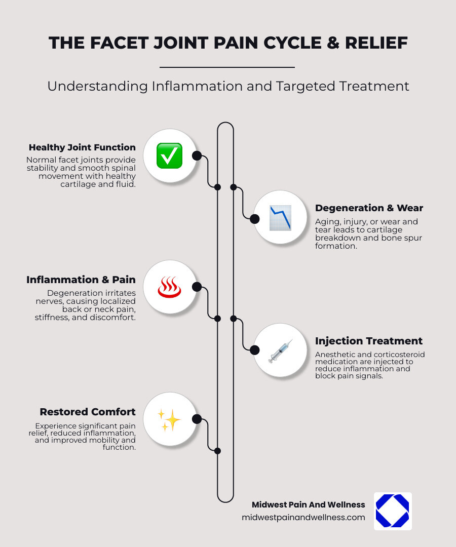 Infographic showing the cycle of facet joint inflammation: normal facet joint with healthy cartilage, progression to cartilage degeneration and bone spurs, resulting inflammation and pain, treatment with facet joint injection delivering anti-inflammatory medication, and return to reduced pain and improved mobility - facet joint injections Chicago infographic infographic-line-5-steps-elegant_beige