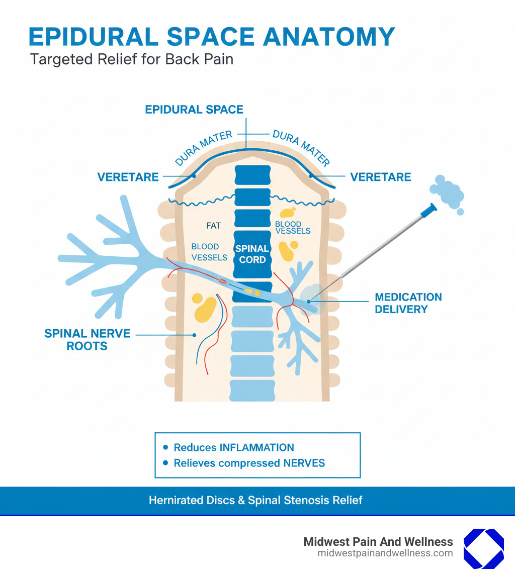 Infographic showing the epidural space anatomy with labeled spinal cord, dura mater, epidural space containing fat and blood vessels, spinal nerve roots, and vertebrae. Shows needle placement and medication delivery for reducing inflammation around compressed nerves in conditions like herniated discs and spinal stenosis - epidural injections Chicago infographic 