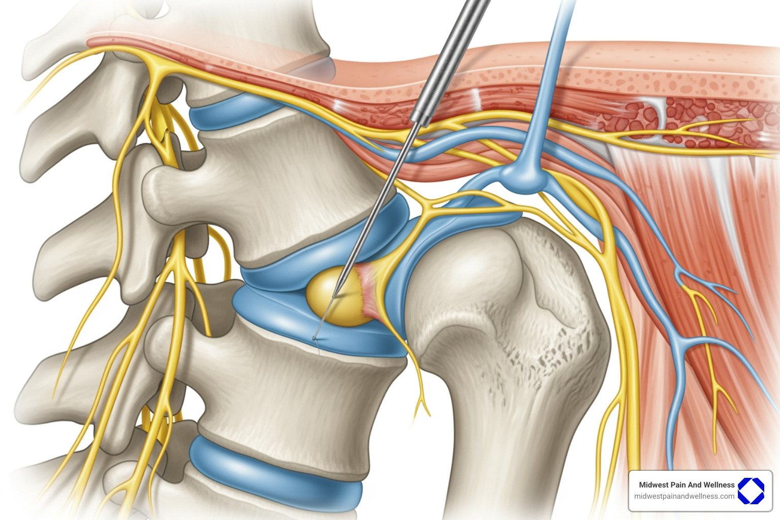 Illustration of needle placement during a facet joint injection - facet joint injections Chicago