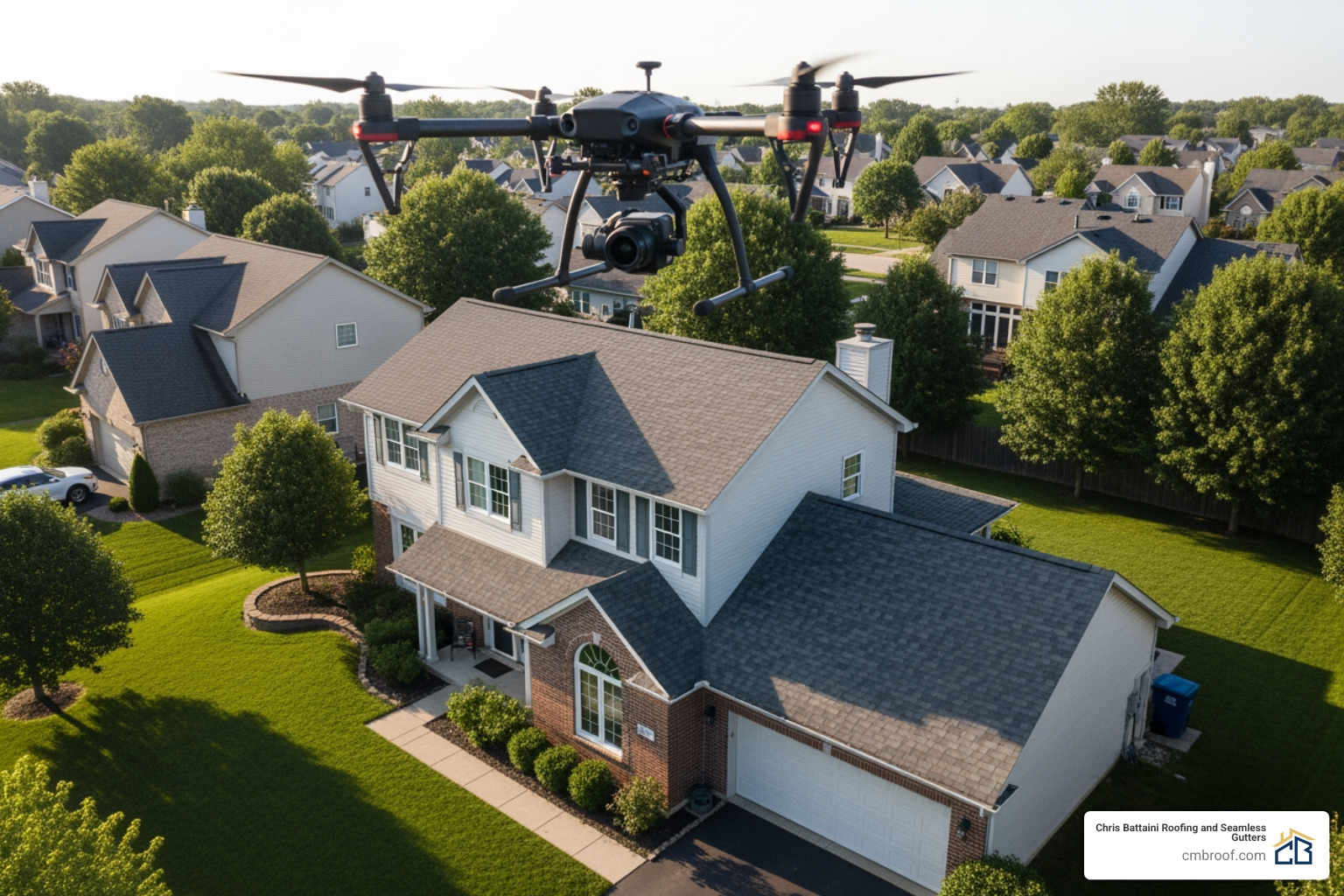 drone flying over a house to inspect the roof - certified roof inspector