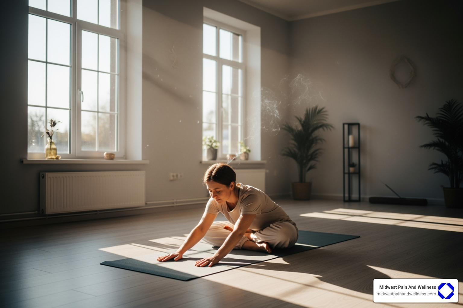 A person practicing yoga on a mat in a serene, sunlit room, emphasizing calm and self-care. - chronic pain treatment A person practicing yoga on a mat in a serene, sunlit room, emphasizing calm and self-care. - chronic pain treatment