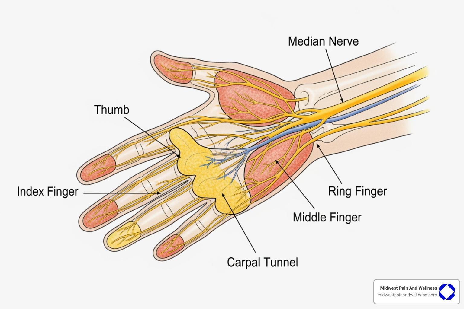 Hand illustration showing the median nerve pathway and areas of sensation in the thumb, index, middle, and ring fingers - carpal tunnel pain