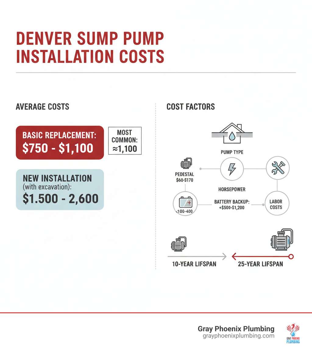 Infographic showing average sump pump installation costs in Denver: $750-$1,100 for basic replacement, $1,500-$2,600 for new installation with excavation; breakdown of cost factors including pump type (pedestal $60-$170, submersible $100-$400), horsepower requirements, battery backup ($500-$1,200), and labor costs; comparison of 10-year vs 25-year pump lifespans - sump pump installation denver infographic 