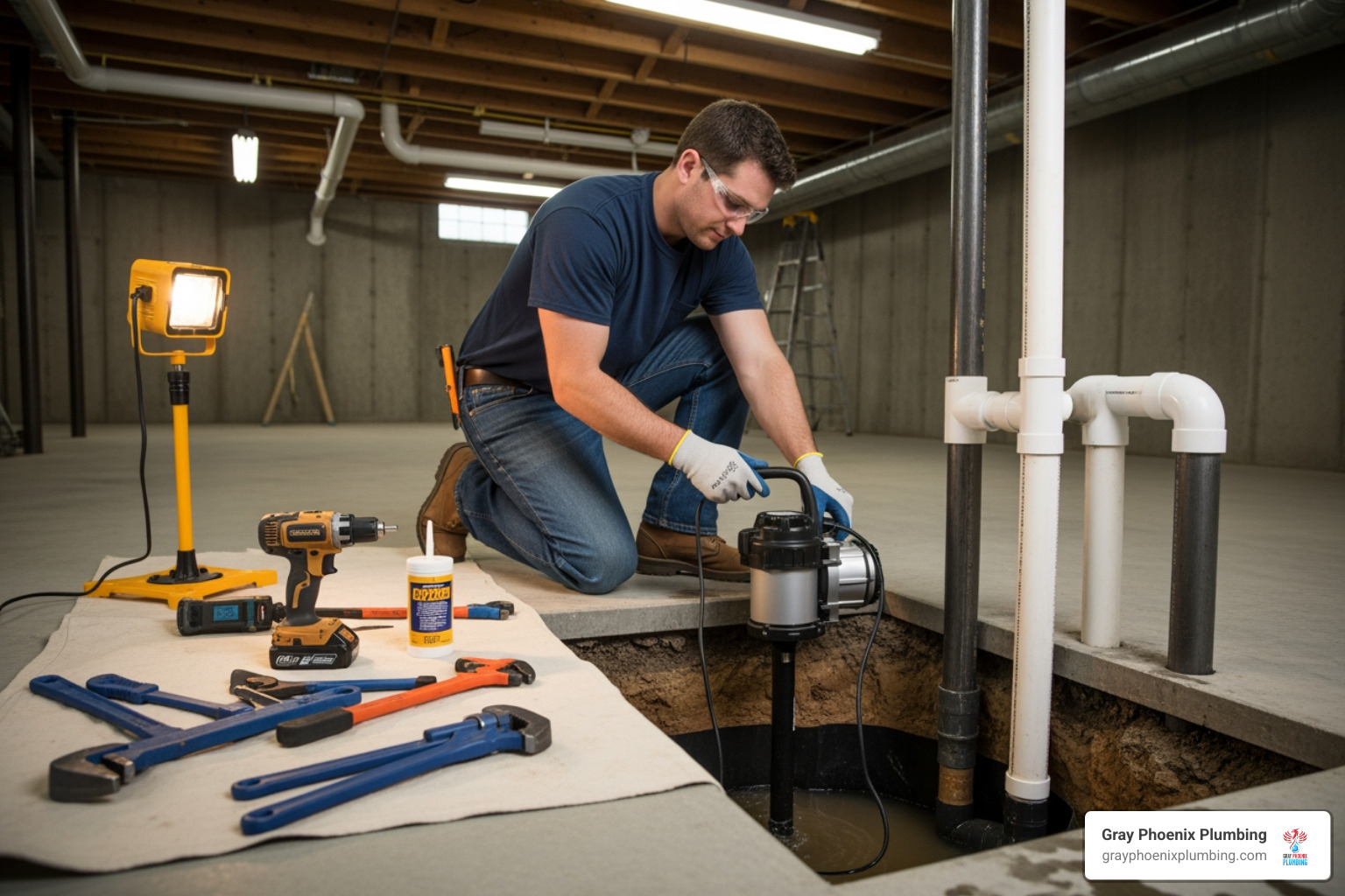 licensed plumber installing sump pump - sump pump installation denver
