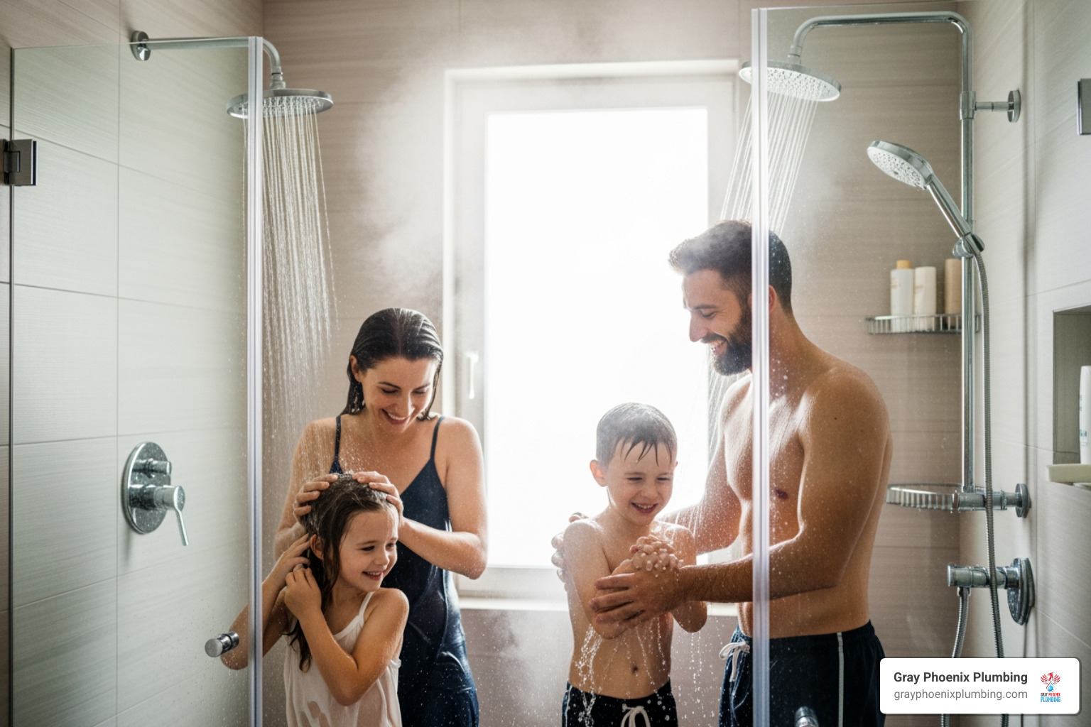 Image of a happy family enjoying hot water without interruption - plumber to install tankless water heater