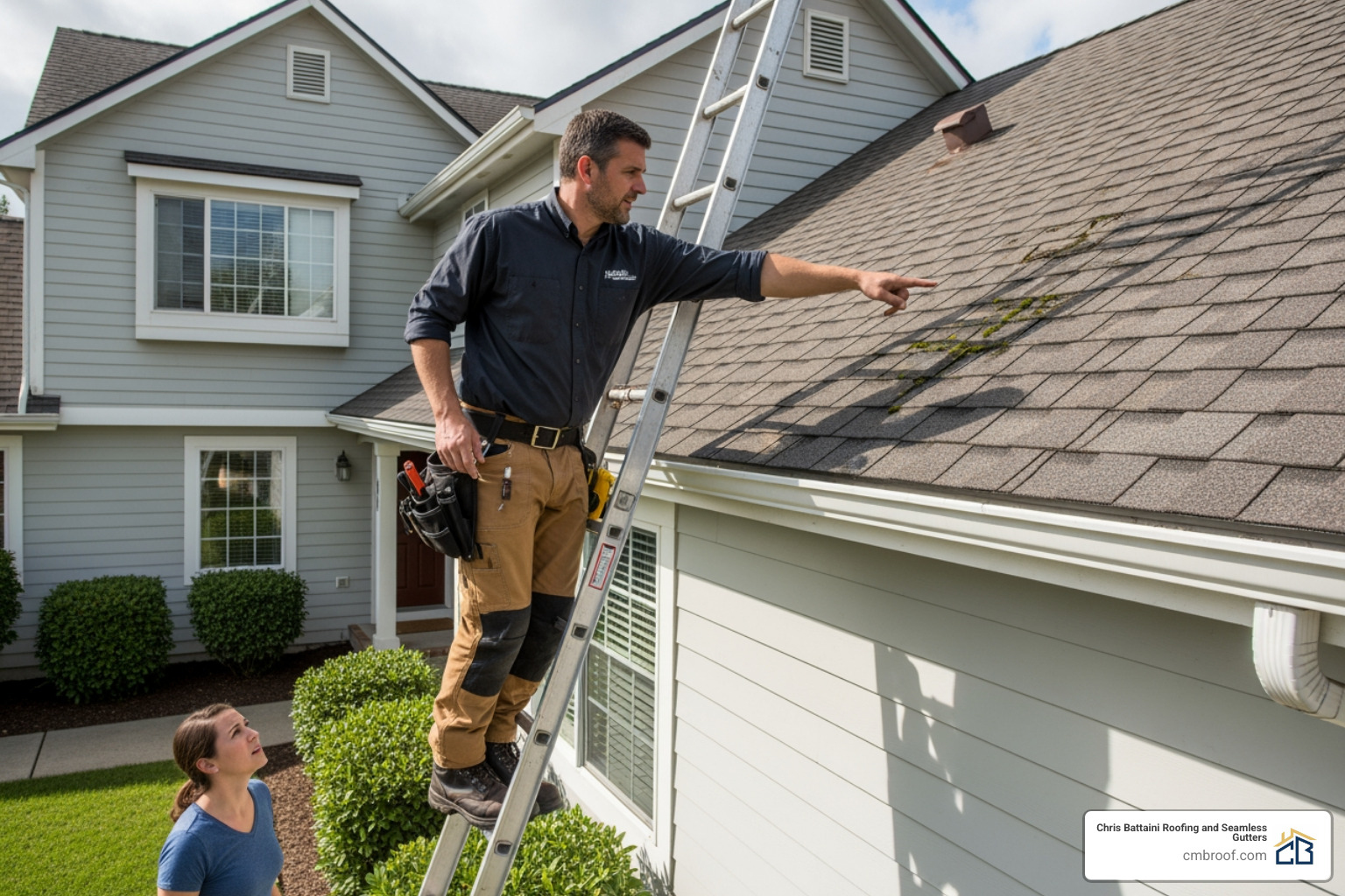 inspector pointing out an issue on a roof to a homeowner - certified roof inspector