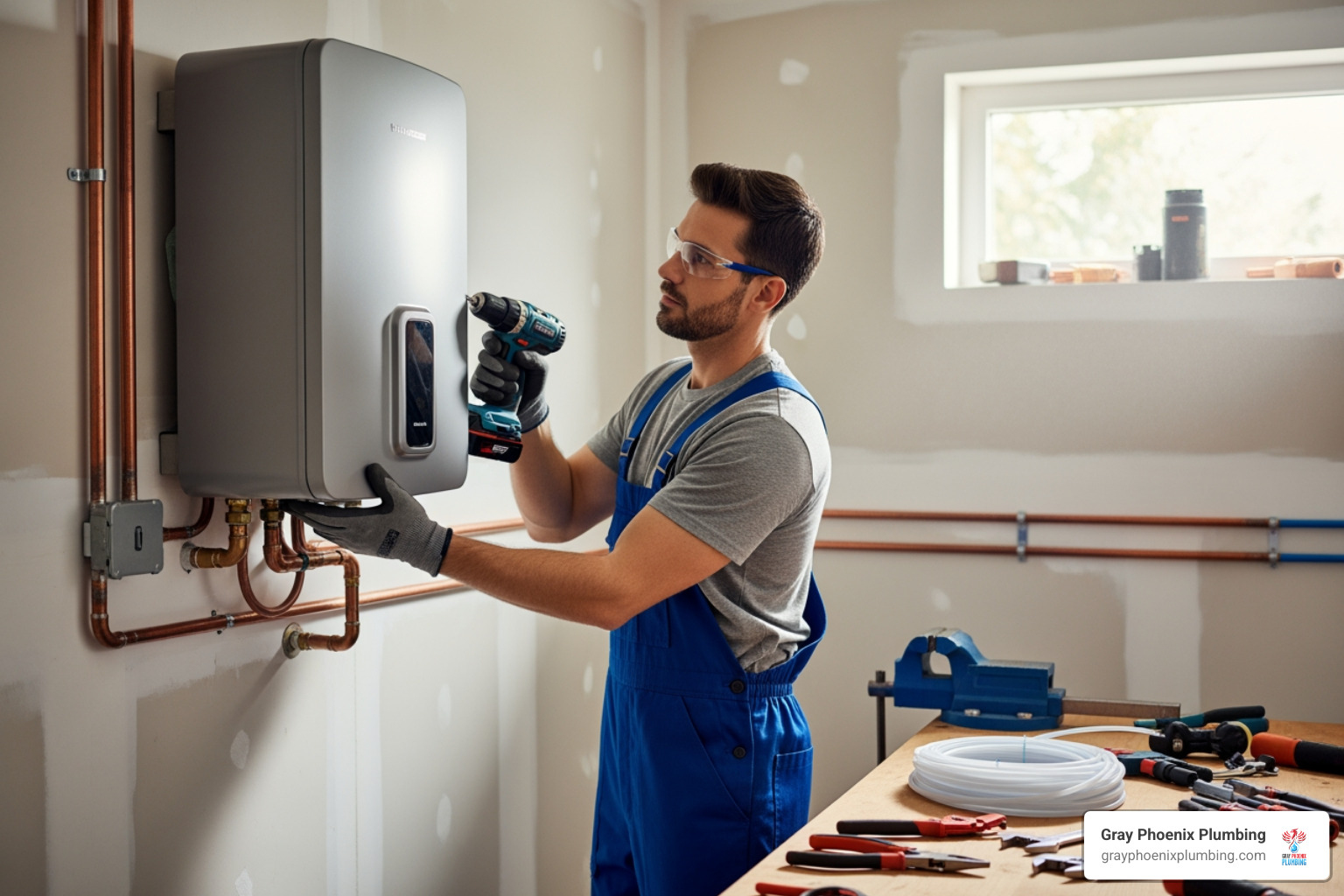 Image of a professional plumber carefully installing a tankless unit - plumber to install tankless water heater