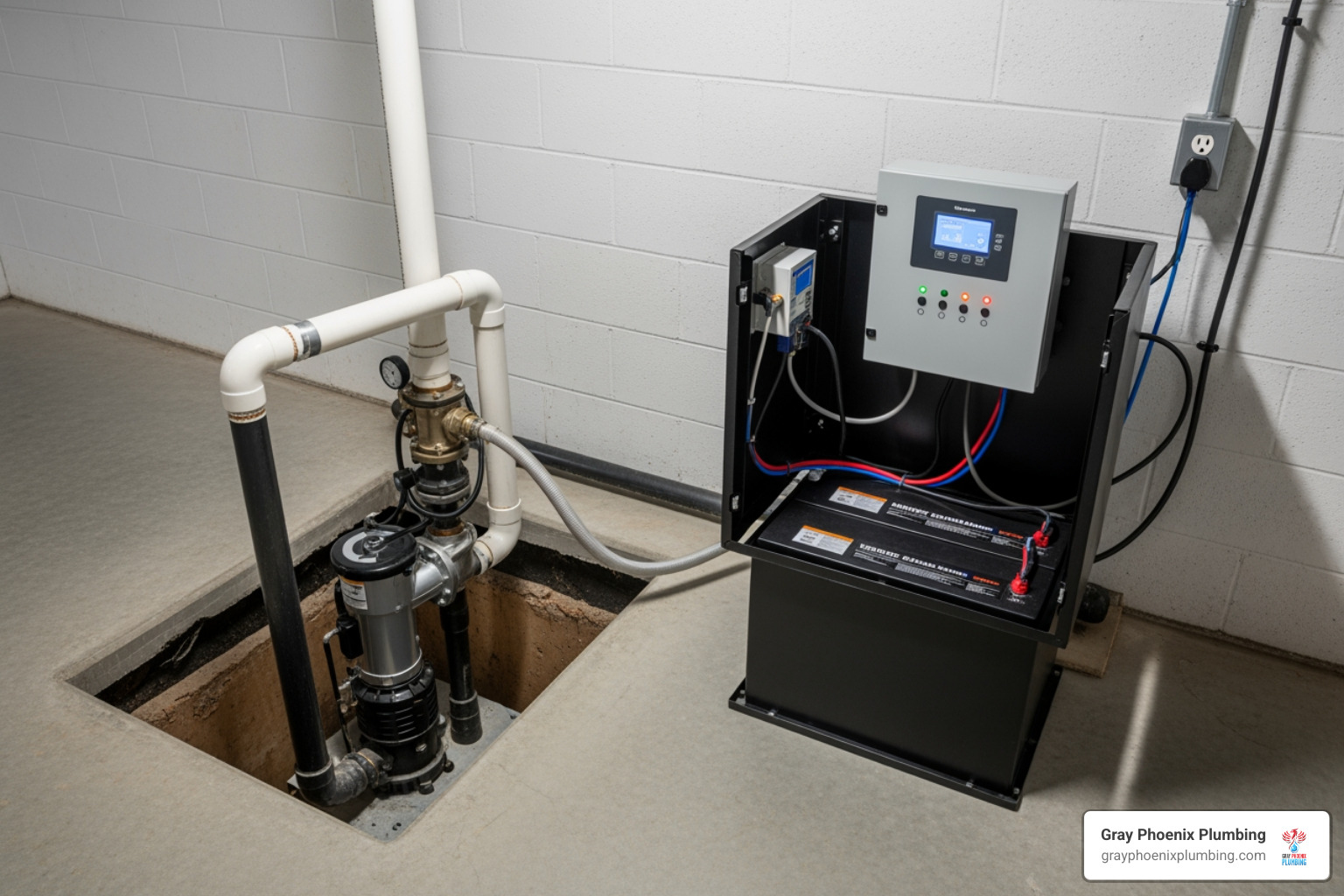 battery backup system next to a primary pump - sump pump repair denver
