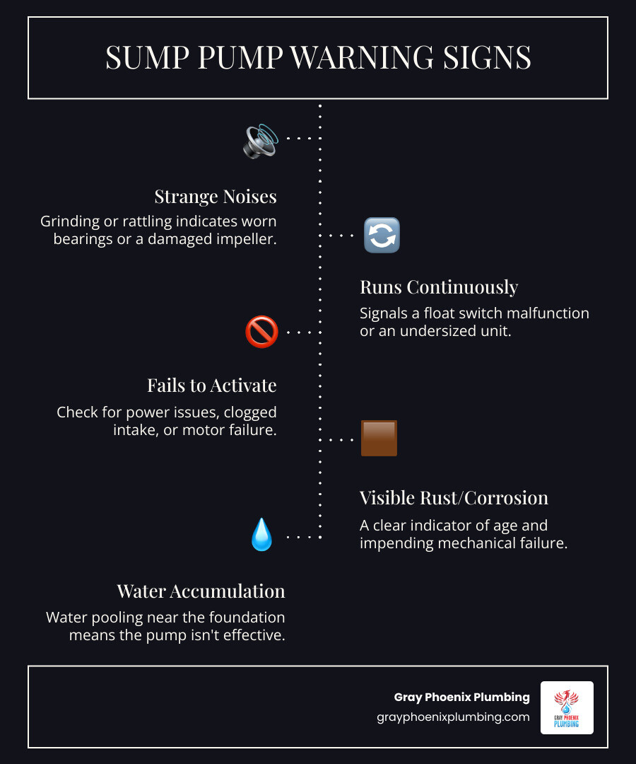 Infographic showing how a sump pump system works: water enters sump pit through drainage system, float switch activates pump when water reaches set level, pump motor pushes water through discharge pipe away from foundation, check valve prevents backflow - sump pump repair denver infographic infographic-line-5-steps-dark