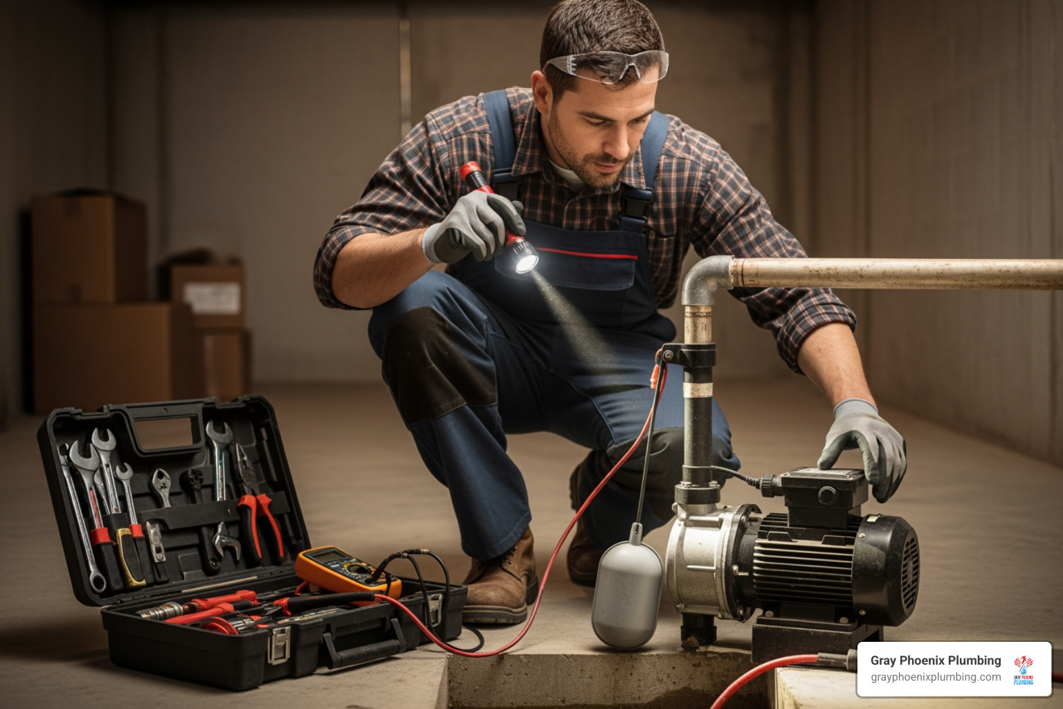 technician inspecting a sump pump - sump pump repair denver