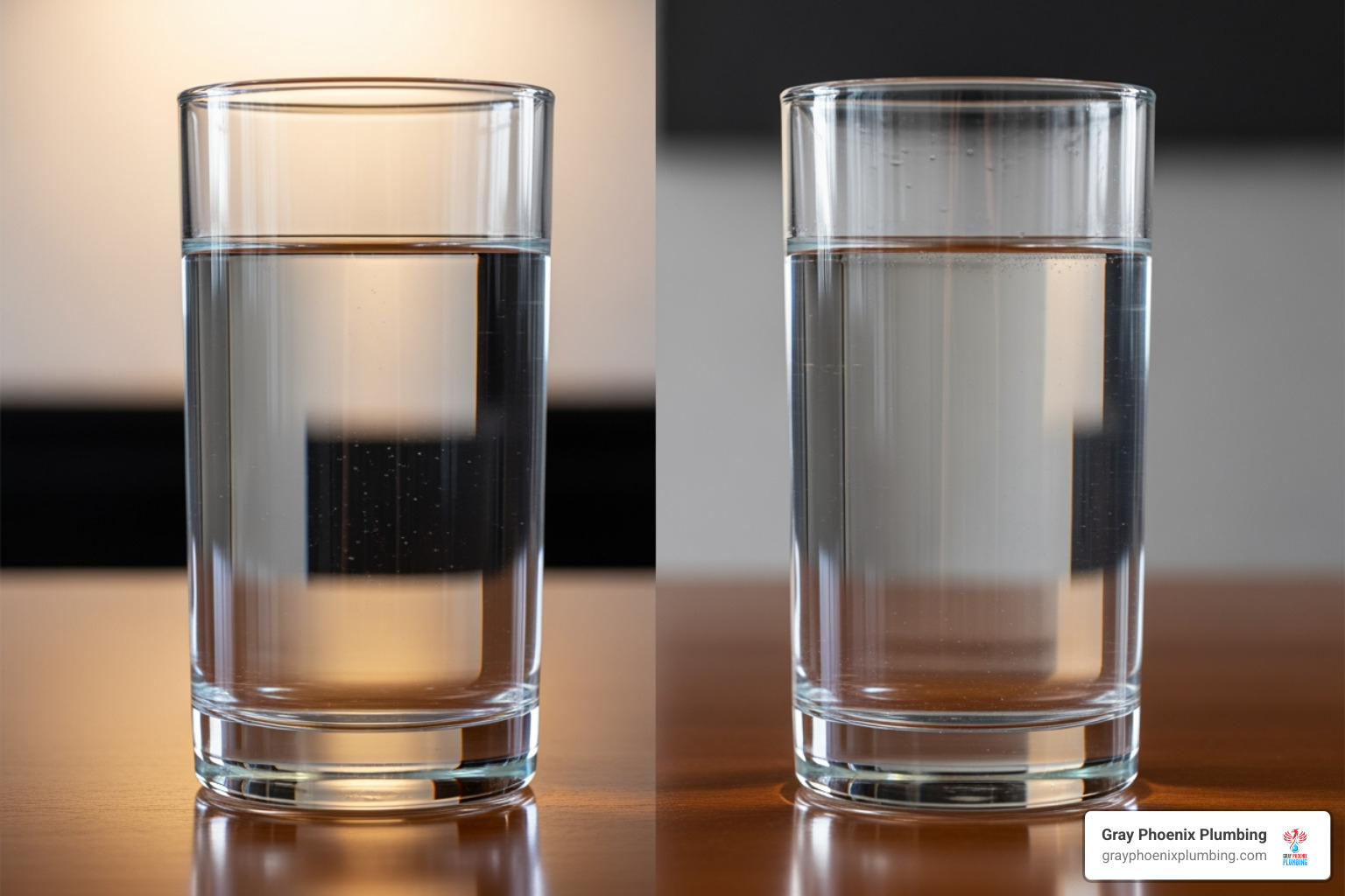 A clear glass of filtered water next to a cloudy glass of tap water - Halo 5 water system