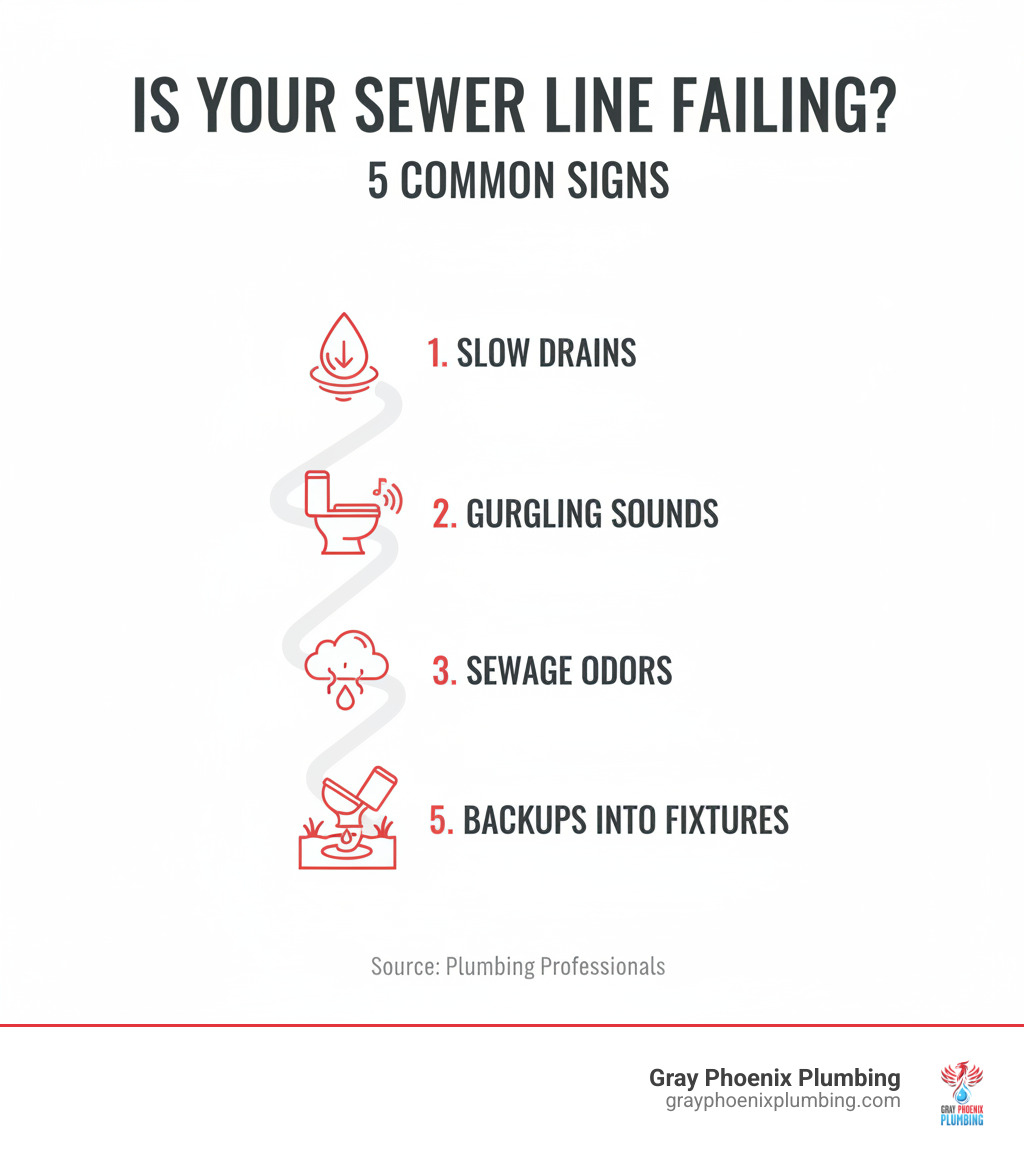 Infographic showing 5 common signs of a failing sewer line: 1. Multiple slow drains throughout the home, 2. Gurgling sounds from toilets or drains, 3. Sewage odors inside or outside, 4. Soggy patches or sinkholes in the yard, 5. Sewage backing up into fixtures - sewer line repair contractors infographic 