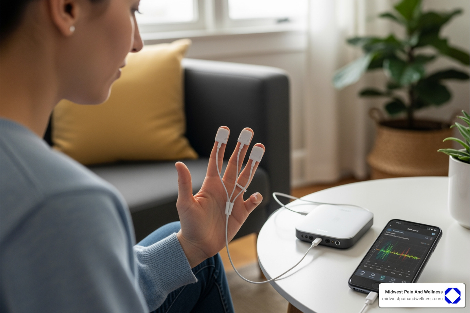 A person using a portable biofeedback device with electrodes on their fingers, connected to a smartphone displaying real-time feedback - biofeedback pain management