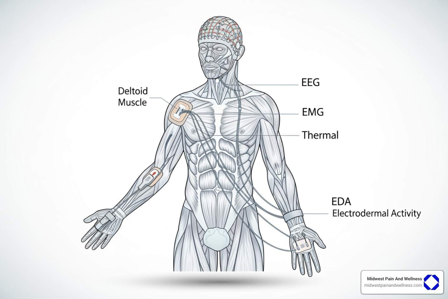 Illustration of various biofeedback sensors on the body: an EEG cap on the head, an EMG sensor on the shoulder, a thermal sensor on the finger, and an EDA sensor on the palm - biofeedback pain management