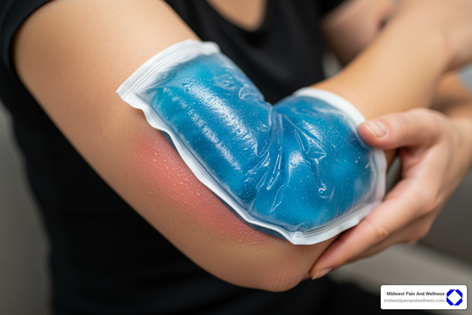 person applying an ice pack to their elbow - tennis elbow relief