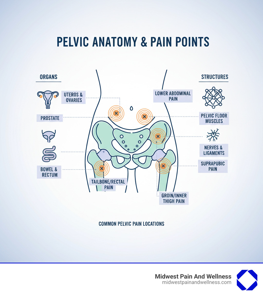 Infographic showing the pelvic region anatomy with labeled reproductive organs (uterus, ovaries, prostate), urinary system (bladder, urethra), digestive structures (bowel, rectum), pelvic floor muscles, and common pain locations marked with indicators - pelvic pain relief infographic 