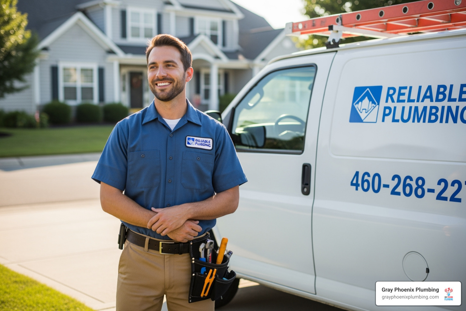 Friendly, professional plumber with a van - sewer line repair contractors
