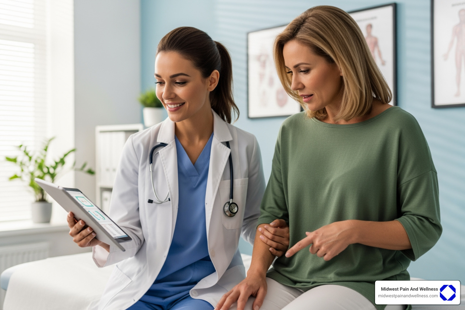 Image of a doctor compassionately consulting with a patient, looking at a tablet with medical information, while the patient gestures to her lower abdomen - pelvic pain relief