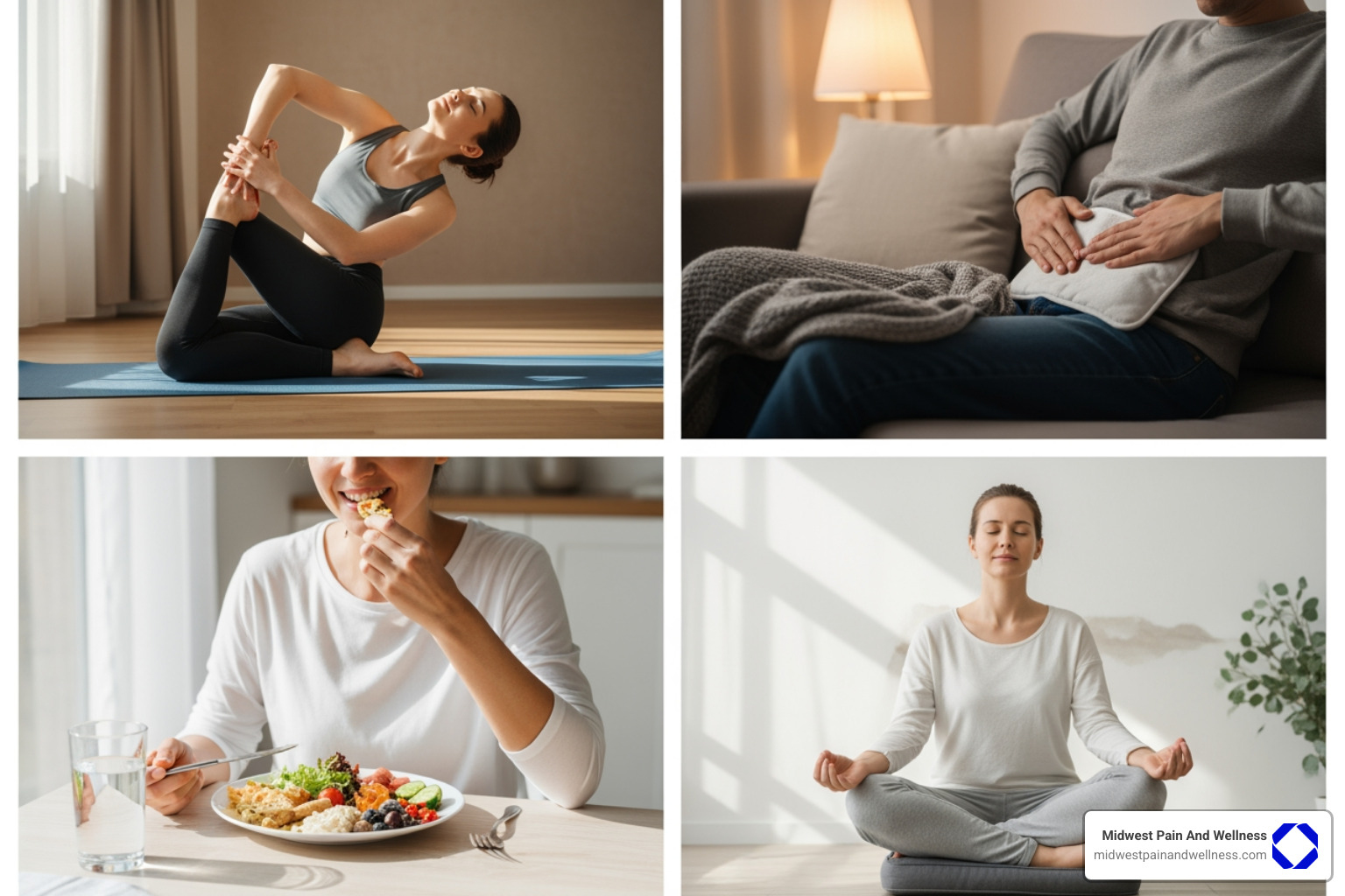 Image showing a collage of relief methods like gentle yoga, a heating pad on a person's abdomen, a person eating healthy food, and someone meditating - pelvic pain relief