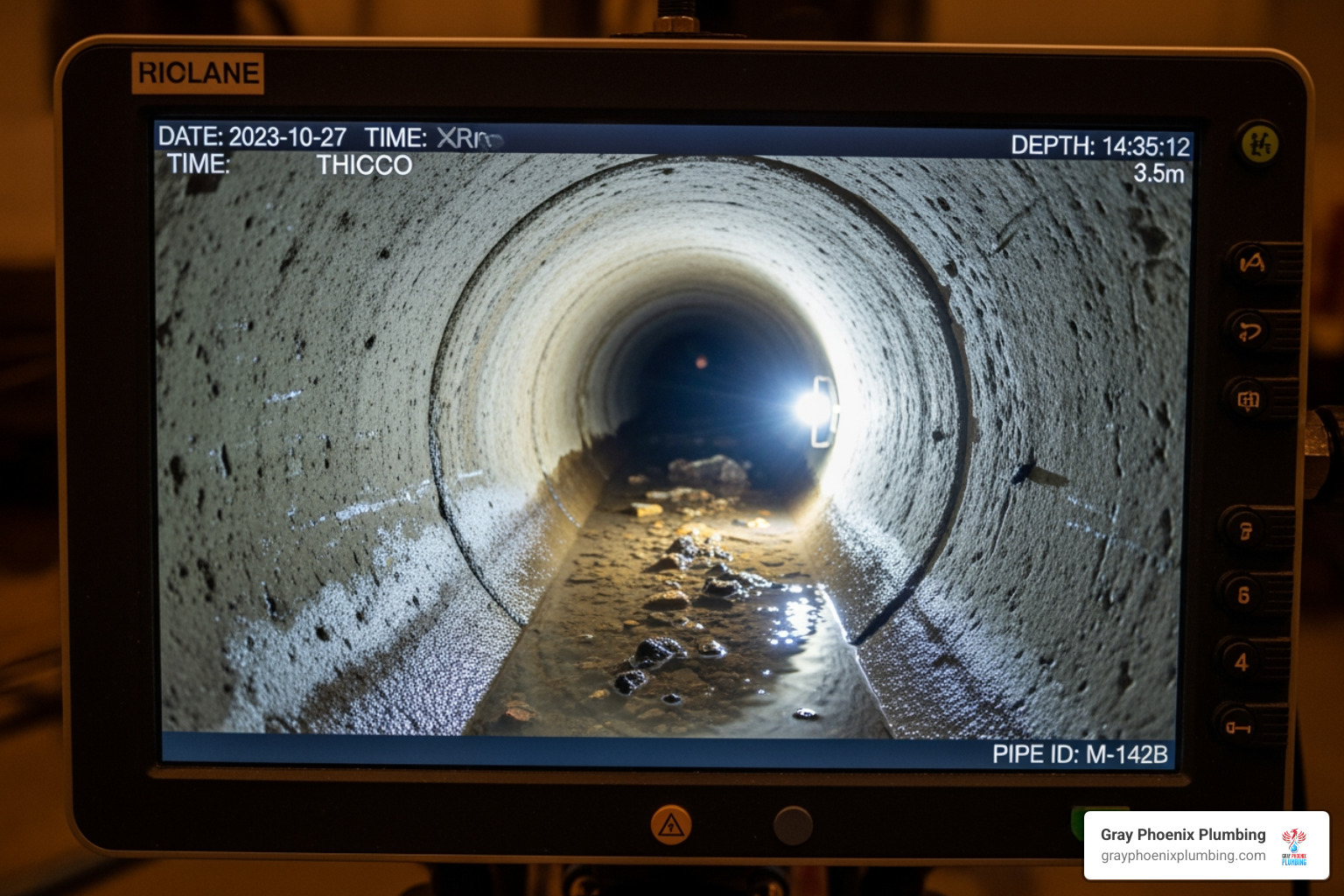 Sewer inspection camera on a screen showing a pipe interior - sewer line repair contractors