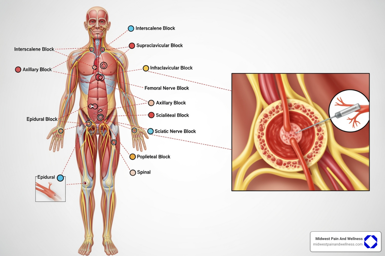 illustration of different nerve block locations on the human body - Nerve block for pain