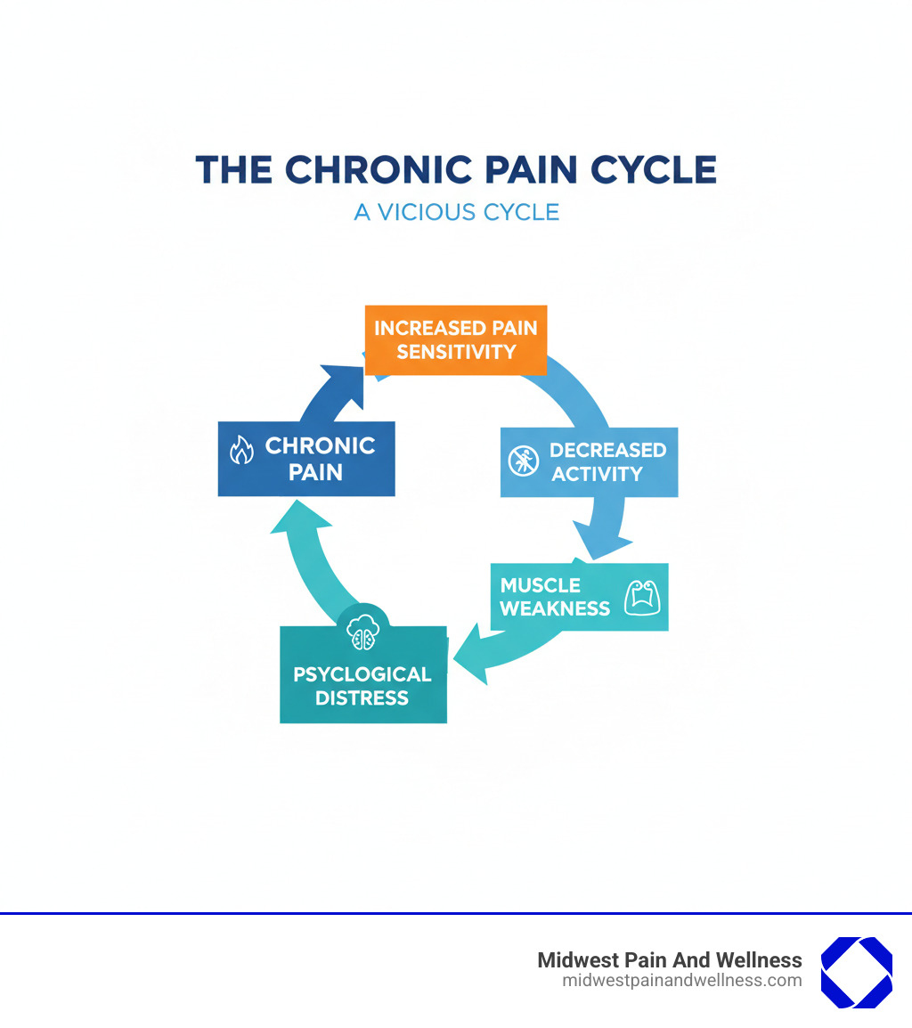 infographic showing the chronic pain cycle with arrows connecting chronic pain to decreased activity to muscle weakness to psychological distress and back to increased pain sensitivity - Rehabilitation pain management infographic 