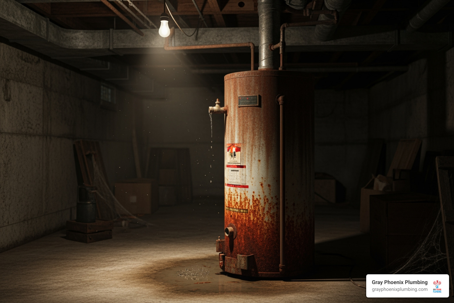 Image of a rusty, leaking traditional water heater in a dark basement - plumber to install tankless water heater