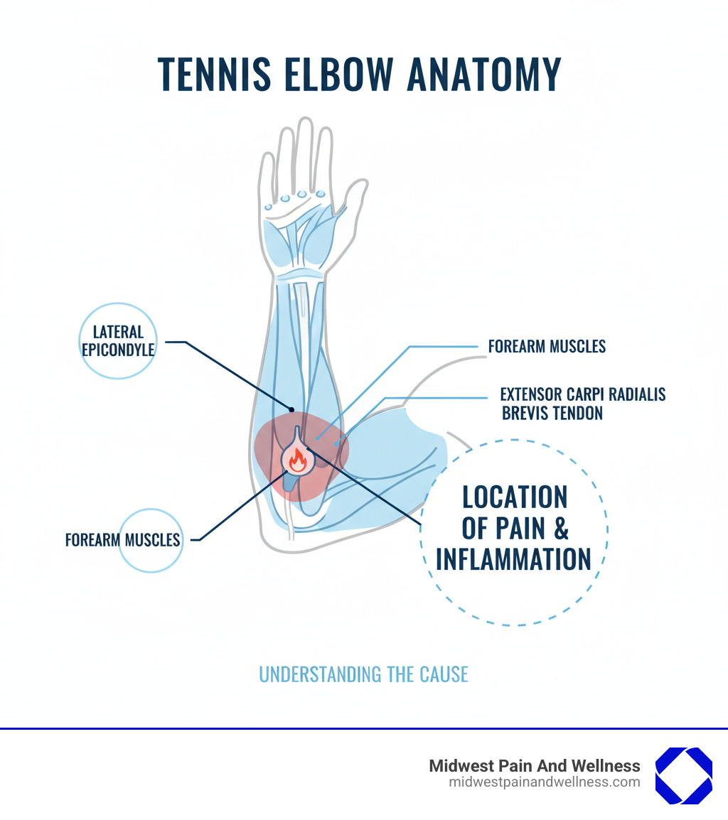 infographic showing the anatomy of tennis elbow with labeled parts including the lateral epicondyle, extensor carpi radialis brevis tendon, forearm muscles, and the location of pain and inflammation on the outer elbow - tennis elbow relief infographic 