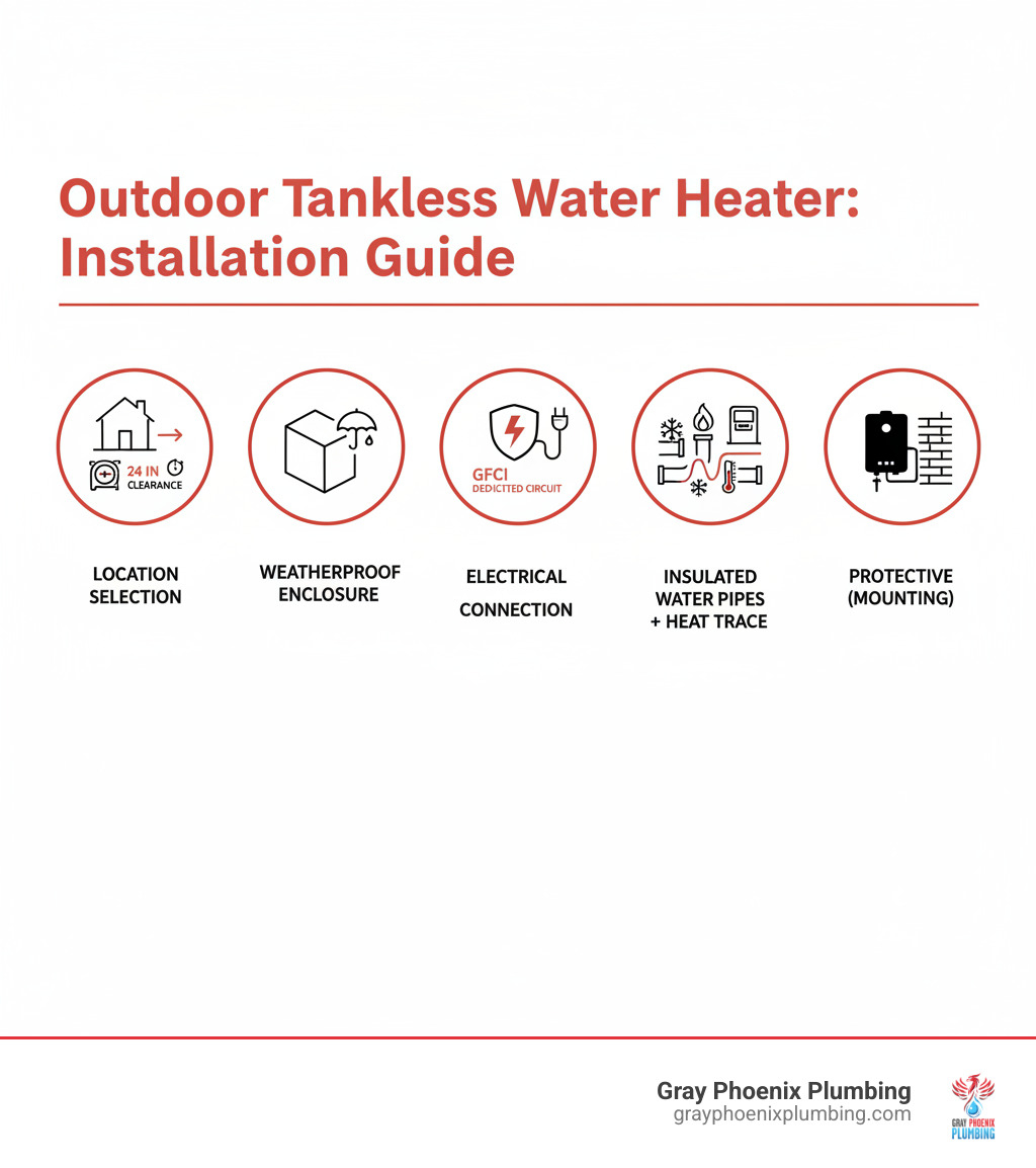 Infographic showing outdoor tankless water heater installation requirements: location selection with 24-inch clearance in front, weatherproof enclosure, GFCI-protected electrical connection with dedicated circuit, insulated water pipes with heat trace in freezing climates, gas line with proper BTU rating, and protective mounting on exterior wall - install tankless water heater outside infographic 