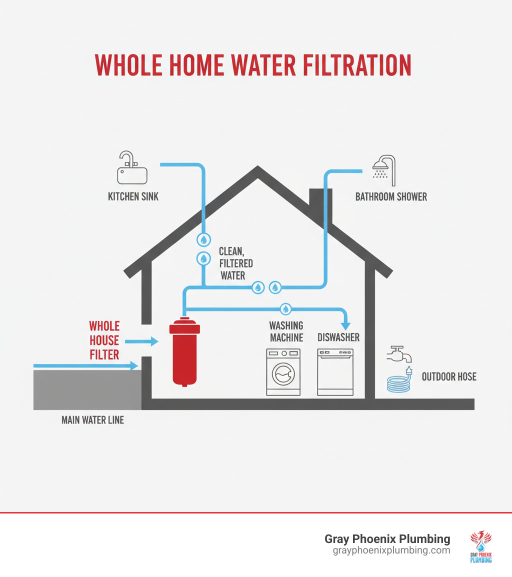 Infographic showing a cross-section diagram of a home with the main water line entering from the street, passing through a whole house water filter system at the point of entry, then branching out to supply clean filtered water to the kitchen sink, bathroom shower, washing machine, dishwasher, and outdoor hose bib - Whole house water filter infographic Infographic showing a cross-section diagram of a home with the main water line entering from the street, passing through a whole house water filter system at the point of entry, then branching out to supply clean filtered water to the kitchen sink, bathroom shower, washing machine, dishwasher, and outdoor hose bib - Whole house water filter infographic