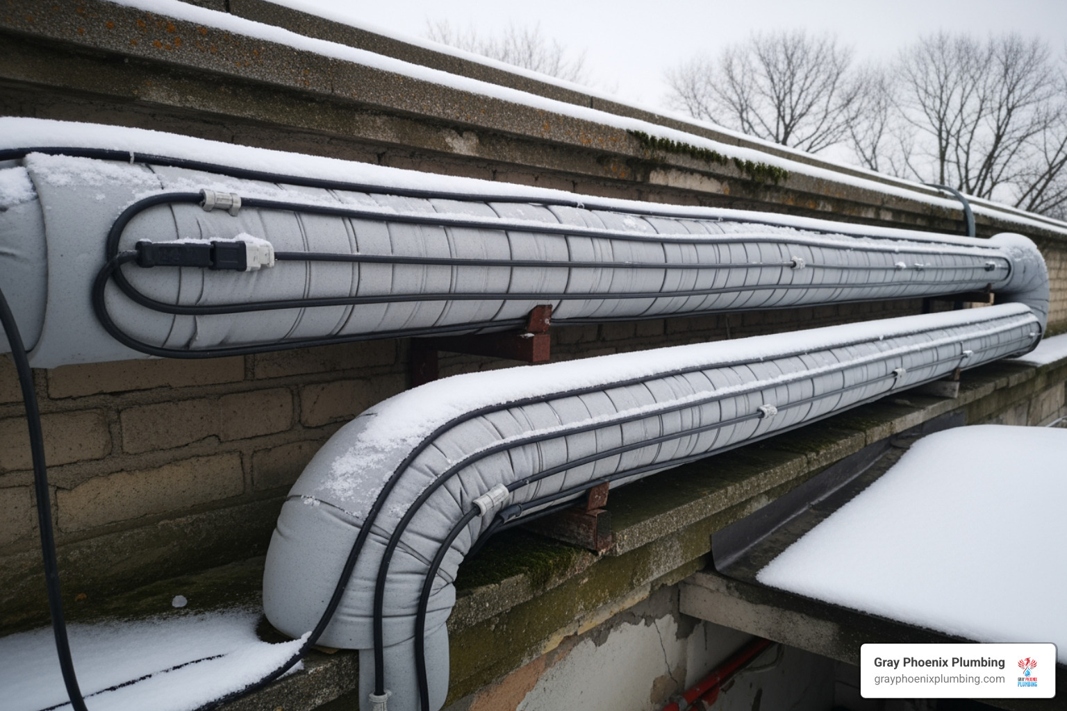 image of insulated water pipes with heat trace cable wrapped around them - install tankless water heater outside
