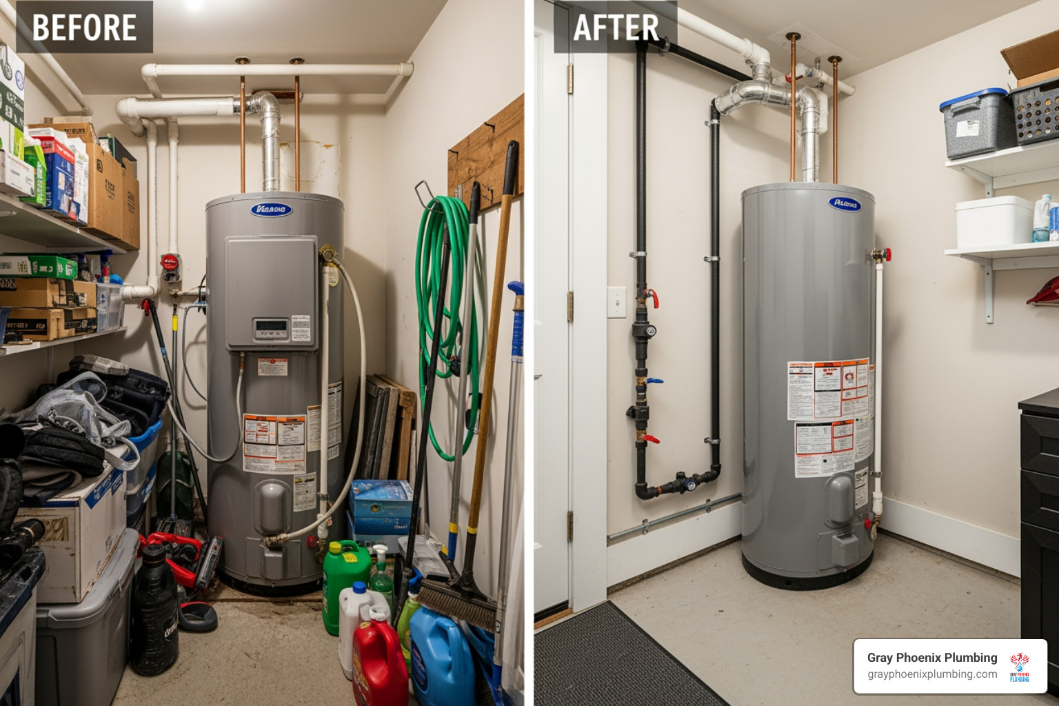 image of a cluttered indoor utility space with a tank heater compared to a clean, open space after an outdoor tankless installation - install tankless water heater outside