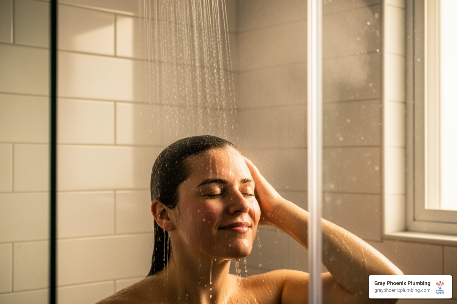 image of a homeowner enjoying a hot shower, symbolizing a successful installation - install tankless water heater outside