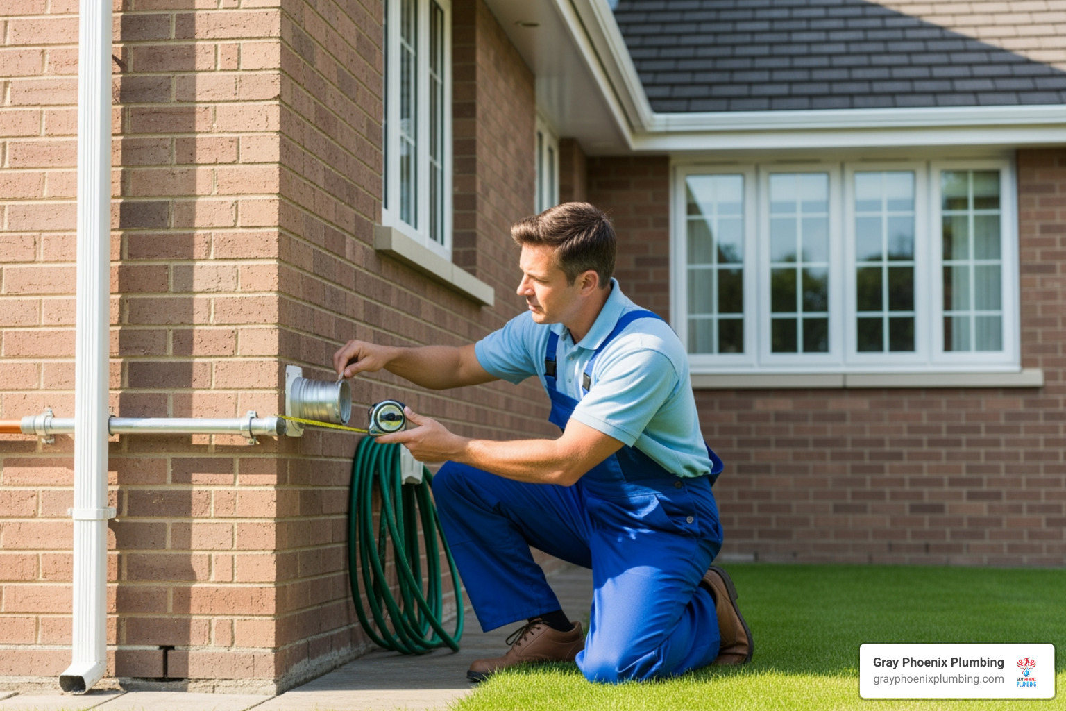 image of a plumber using a tape measure to check clearances on an exterior wall - install tankless water heater outside