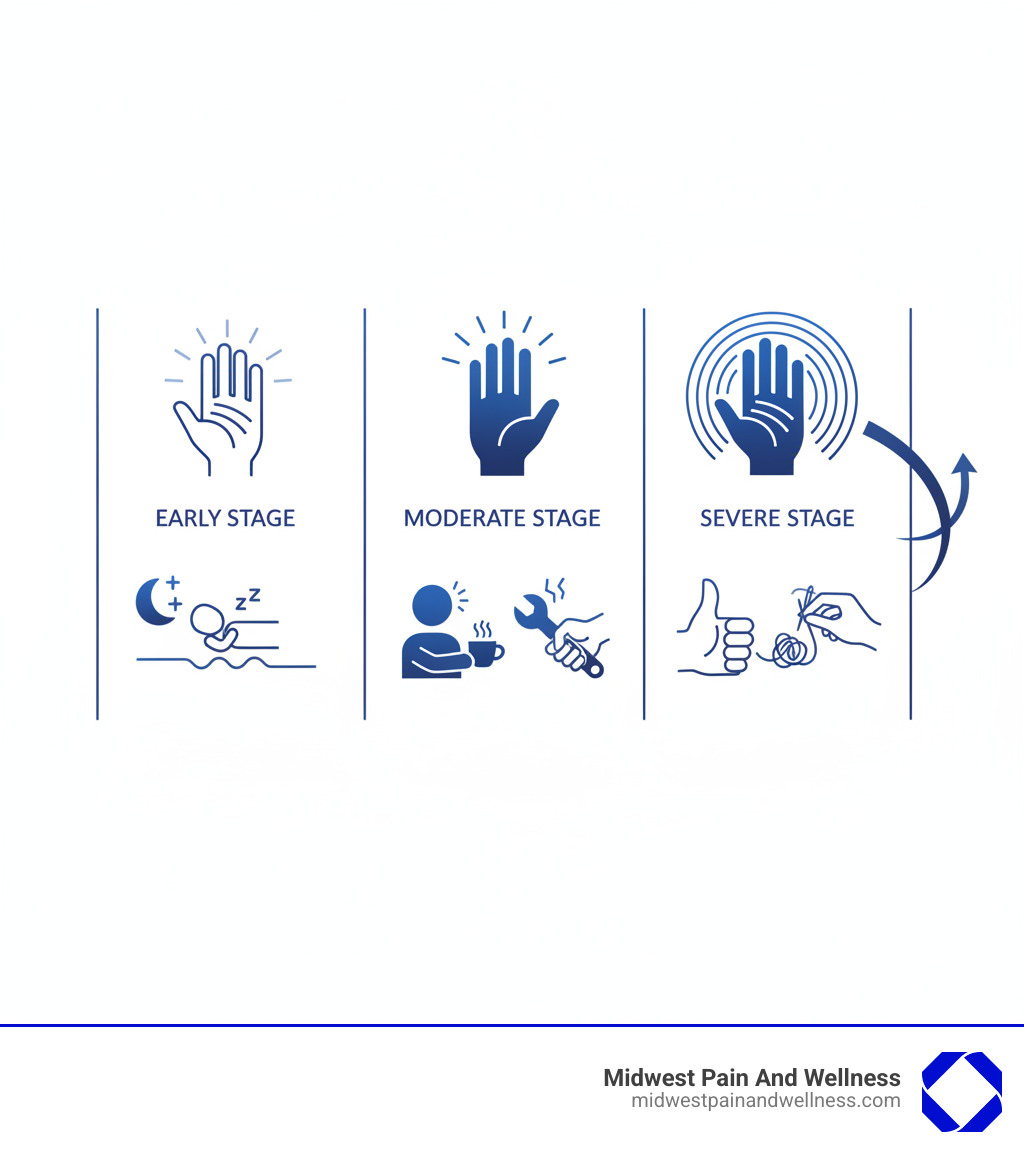 Infographic showing the progression of carpal tunnel syndrome from early stage with occasional nighttime tingling and numbness, to moderate stage with frequent symptoms during daily activities and hand weakness, to severe stage with constant numbness, muscle atrophy at the base of the thumb, and difficulty with fine motor tasks - carpal tunnel pain infographic 