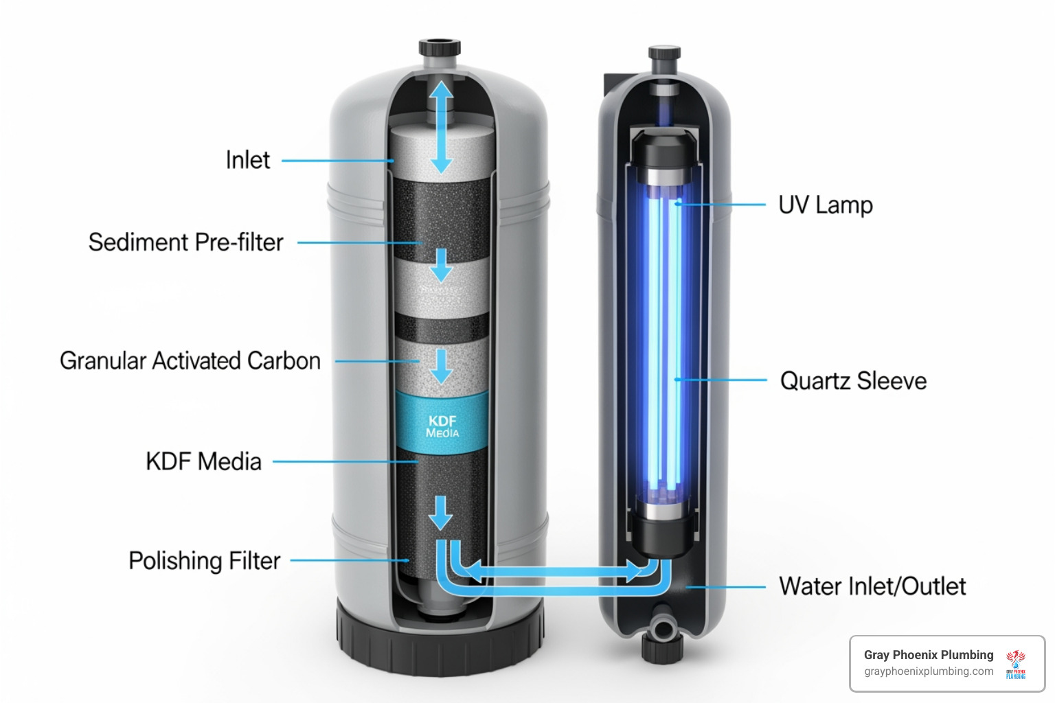 cutaway of a multi-stage filter tank and a separate UV light chamber - Whole house water filter cutaway of a multi-stage filter tank and a separate UV light chamber - Whole house water filter