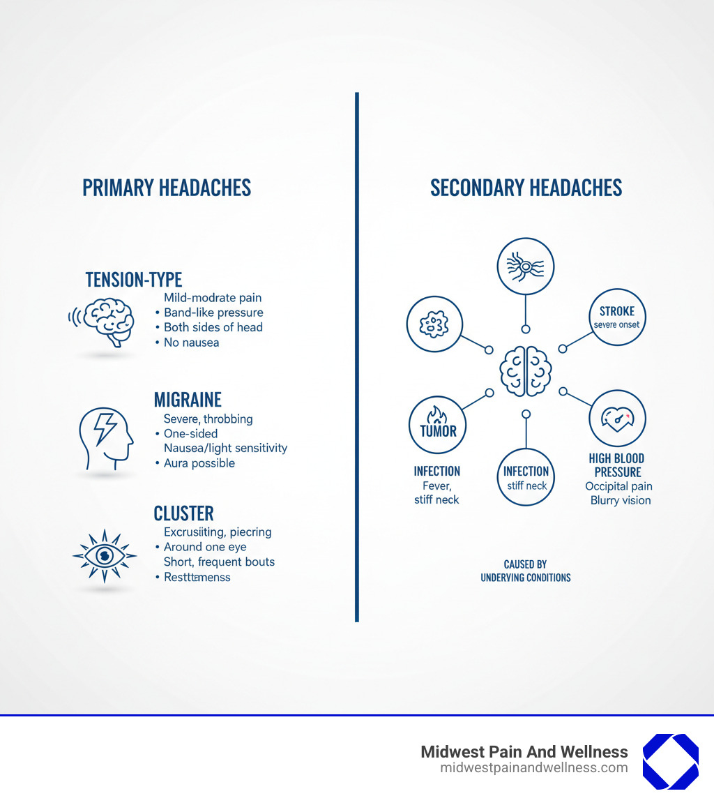infographic showing primary headaches (tension-type, migraine, cluster) on the left side and secondary headaches (caused by underlying conditions like stroke, tumor, infection, high blood pressure) on the right side, with key distinguishing features listed for each category - Headache pain management infographic 